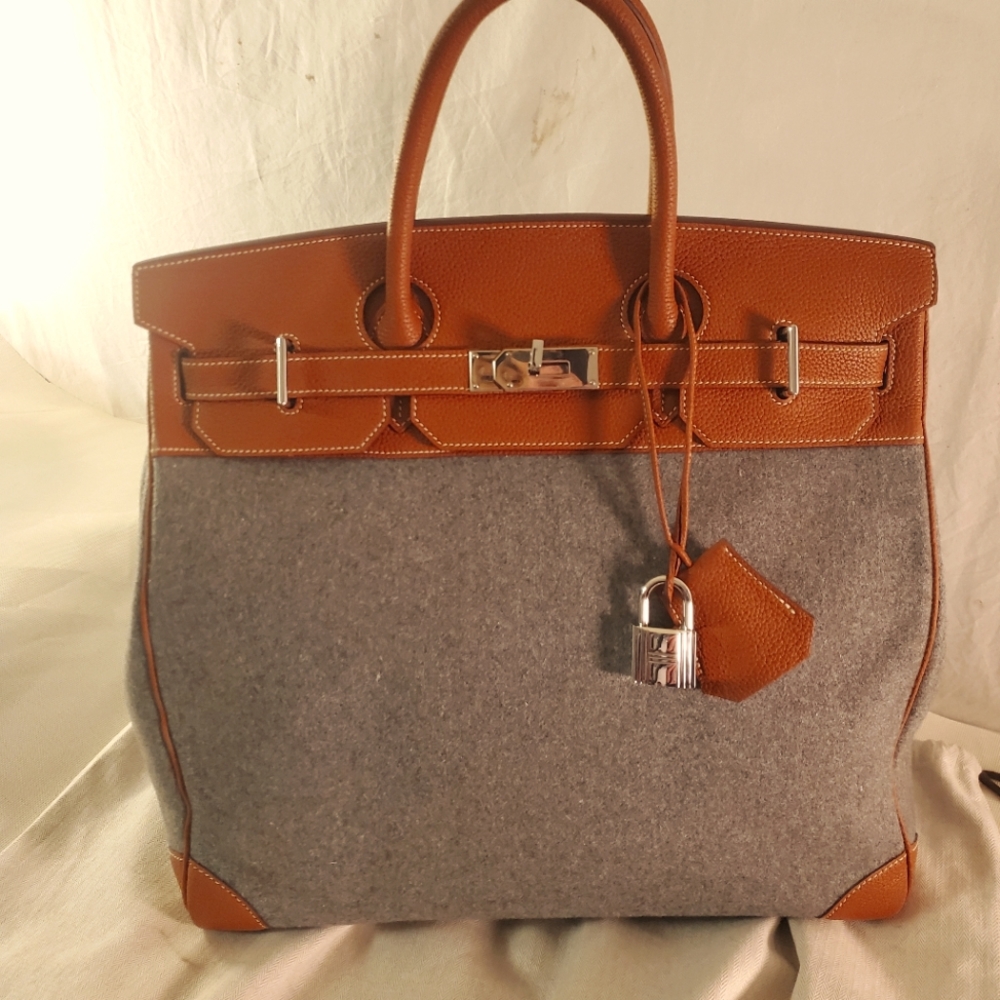 Hermes Birkin HAC 40 Gray Cognac Women's Men's Travel Top Handle Tote Bag